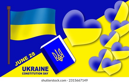 Ukrainische Flagge verschiedener Arten und Muster mit dem Buch über das Verfassungsabkommen und kühnen Text zum Gedenken an den ukrainischen Verfassungstag am 28. Juni
