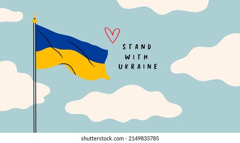 Die ukrainische Fahne windet sich auf einem bewölkten Himmel im Wind. Blaugelbe Flagge. Stehen Sie mit der Ukraine! Rette die Ukraine vor Russland! Hör auf zu Krieg. Handgezeichnete moderne Vektorgrafik. Symbol der Freiheit und der Unabhängigkeit