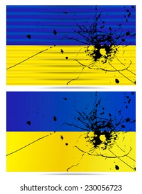 Ukrainian flags with a bullet hole. Vector set