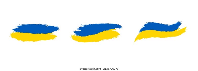 Ukrainian flags .  Set of Hand- drawn brush stroke flag of Ukraine.  Blue and yellow painted flag . Vector illustration . 10 eps