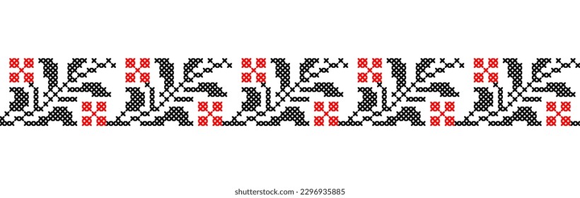 Ukrainian floral pattern in red and black colors. Vector ornament, border, pattern. Ukrainian folk, ethnic floral embroidery. Pixel art, vyshyvanka, cross stitch.