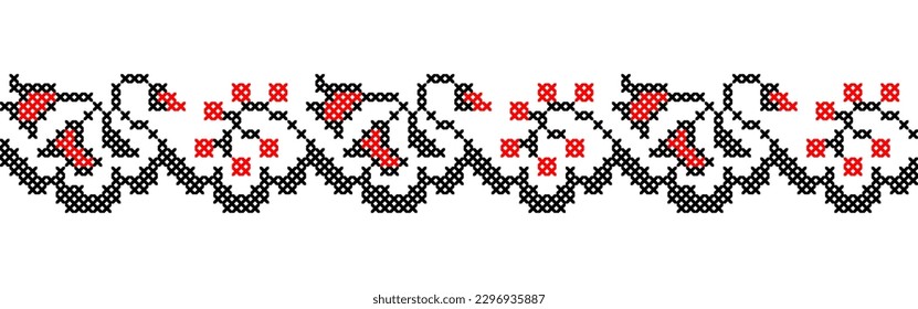 Ukrainian floral pattern in red and black colors. Vector ornament, border, pattern. Ukrainian folk, ethnic floral embroidery. Pixel art, vyshyvanka, cross stitch.