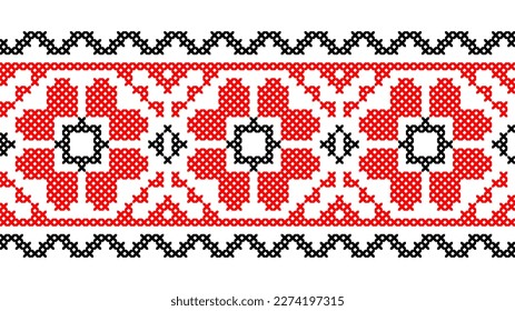 Ukrainian floral pattern. Vector ornament, seamless border. Ukrainian folk, ethnic flowers embroidery. Pattern in red and black colors. Pixel art, vyshyvanka, cross stitch.