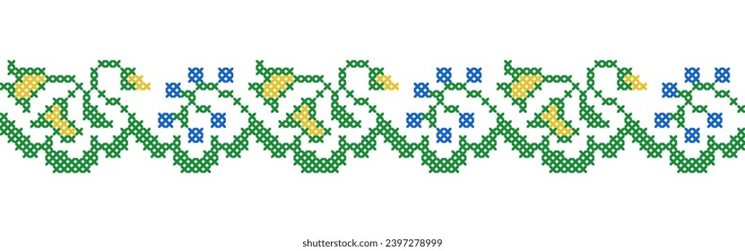 Ukrainian floral pattern in yellow and blue colors. Vector ornament, border, pattern. Ukrainian folk, ethnic floral embroidery. Pixel art, vyshyvanka, cross stitch.