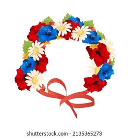 Ukrainian flower crown. Traditional wreath with ribbon. The element of the national woman costume in Ukraine. Editable vector illustration in cartoon style isolated on a white background