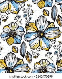 Ukrainian flower pattern. Cute hand drawn floral pattern. Flower and leaf background. Spring summer pattern.