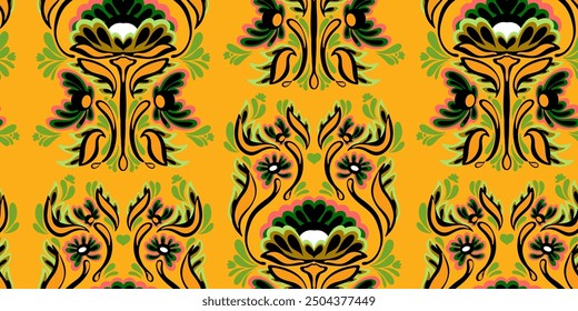 Ukrainian folk art flower motley ornament ethnic motifs vector seamless overlapping pattern stylized Petrykivka painting rapport