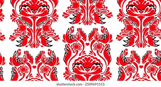 Ukrainian folk art flower motley ornament ethnic motifs vector seamless overlapping pattern stylized Petrykivka painting rapport