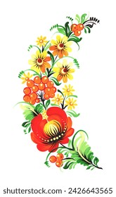 Ukrainian folk art of petrykivka red and yellow flowers. Vector illustration.
