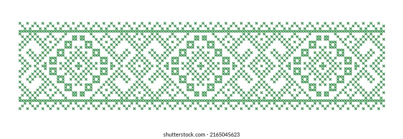 Ukrainian folk art vector seamless pattern. Vyshyvanka. Traditional green ornament from Eastern Europe. Geometric patterns on a white background. For tablecloth, dress, skirt, textile design.