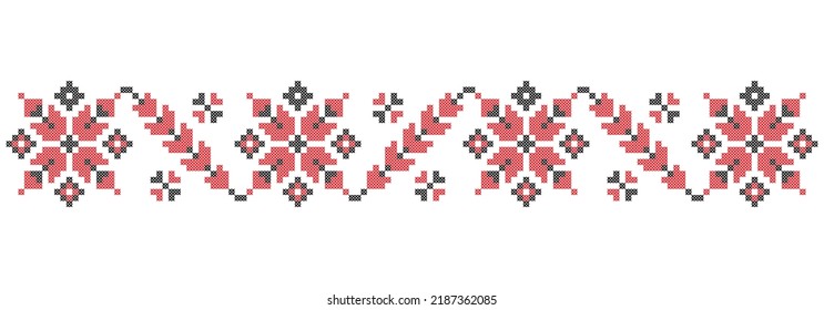 Ukrainian folk art vector seamless pattern, retro monochrome long cross-stitch ornament inpired by folk art - Vyshyvanka. 
