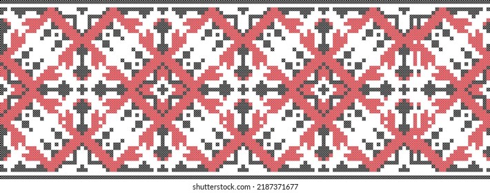 Ukrainian folk art vector seamless pattern, retro monochrome long cross-stitch ornament inpired by folk art - Vyshyvanka. 