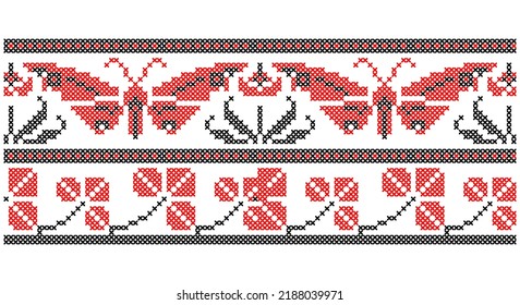 Ukrainian, folk art vector seamless pattern, retro monochrome long cross-stitch ornament inpired by folk art - Vyshyvanka. Slavic traditional black and white ornament from Eastern Europe