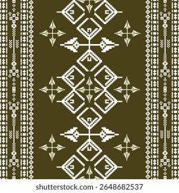 Bordado popular ucraniano. Padrão de vetor contínuo. Ponto de cruz sobre um fundo marrom. Padrão de pixel. Ideias para tapete, tapete, tapeçaria de parede, corredor de mesa, almofada e estofamento.
