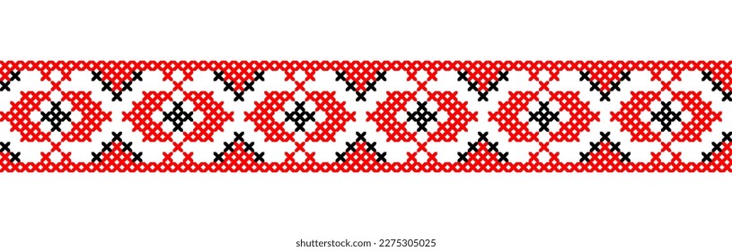 Ukrainian folk, ethnic pattern. Vector ornament, seamless border. Ukrainian folk, ethnic geometric embroidery. Pattern in red and black colors. Pixel art, vyshyvanka, cross stitch.