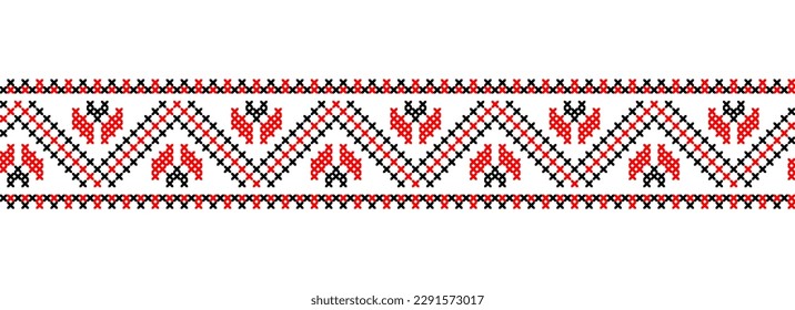 Ukrainian folk, ethnic pattern. Vector ornament, seamless border. Ukrainian folk, ethnic geometric embroidery. Pattern in red and black colors. Pixel art, vyshyvanka, cross stitch.