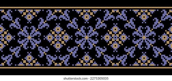 Ukrainian folk ethnic traditional ornament .Vector floral pattern, seamless border. Ukrainian embroidery ornament in gold and violet colors on black background. Pixel art, vyshyvanka, cross stitch.