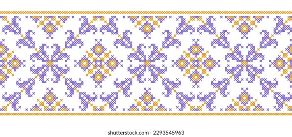 Ukrainian folk ethnic traditional pattern .Vector floral print, seamless border. Ukrainian embroidery pattern in gold and violet colors. Pixel art, vyshyvanka, cross stitch.