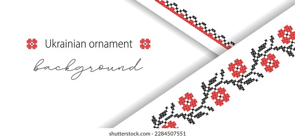 Ukrainian folk floral simple layered vector background, banner, poster. Minimalistic modern banner in red and black colors. Pixel art, vyshyvanka, cross stitch.