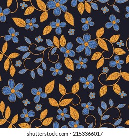 Ukrainian folk flower embroidery seamless pattern on dark. 