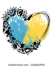Ukrainian folk motivws with flowers in heart on the blue and yellow backgroud