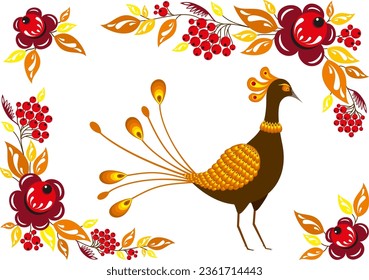 Ukrainian folk painting style. Bird, leafs, flowers and Rowan, viburnum. Autumn colours