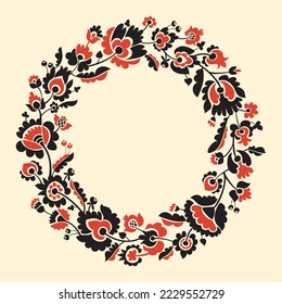 Ukrainian folk style flower wreath. Baroque embroidery inspired decorative flower vector clip art. Round wreath floral ethnic composition.