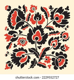 Ukrainian folk style flowers pattern. Baroque embroidery inspired flower vector clip art. Square floral ethnic composition.