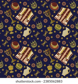 Ukrainian folklore, candlesticks, symbolism, jug, sleeveless, hat, carving. Seamless Christmas pattern
