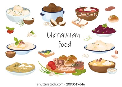 Ukrainian food elements isolated set. Bundle of traditional meals - borscht, dumplings, cabbage rolls, garlic donuts, bacon, corn porridge, vegetable dishes. Vector illustration in flat cartoon design