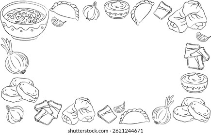 ukrainian food frame line art vector illustration, traditional cuisine border with borscht, holubtsi, syrniki, sour cream, salo, garlic, onion, space in center