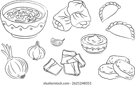 ukrainian food line art vector illustration set borscht soup, holubtsi, syrniki, sour cream, salo pork fat, garlic, traditional cuisine