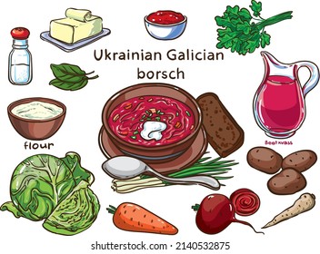 Ukrainian Galician borsch vector set ingredients