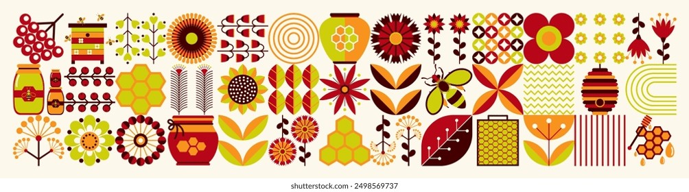 Ukrainian geometric floral sweet pattern. Scandinavian style. Beekeeping, bees, honey, honeycombs, beehives, nectar, flowers. Summer illustration.