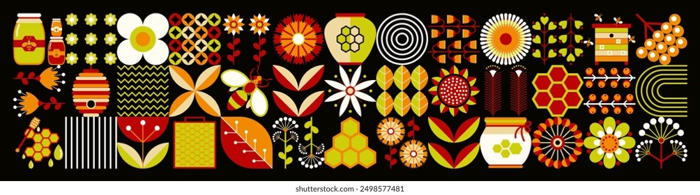  Ukrainian geometric floral sweet pattern. Scandinavian style. Beekeeping, bees, honey, honeycombs, beehives, nectar, flowers. Summer illustration on a black background