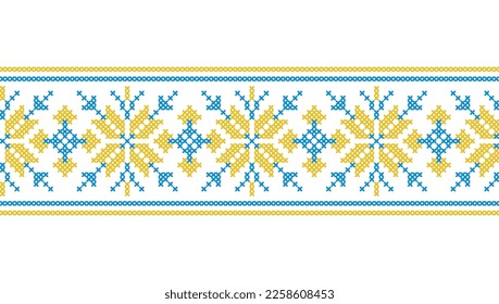 Ukrainian geometric vector ornament, border, pattern. Ukrainian traditional embroidery. Ornament in yellow and blue colors. Pixel art, vyshyvanka, cross stitch.