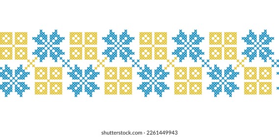 Ukrainian geometric vector ornament, border, pattern. Ukrainian traditional embroidery. Ornament in yellow and blue colors. Pixel art, vyshyvanka, cross stitch.