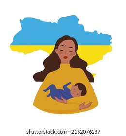 Ukrainian girl with baby. Stop War in Ukraine. Pray for Ukraine peace. Vector illustration.