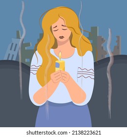 Ukrainian girl with a candle in her hands. A sad woman mourns against the backdrop of a destroyed city. Concept of grief, pain, loss, for banner or landing page design. Flat vector design. No war
