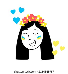 Ukrainian girl doodle,blue-yellow national colors,sign of country independence and democracy.Patriotic movement of hope victory over Russia in the war 2022. Isolated. Vector illustration