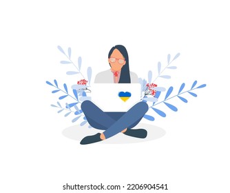Ukrainian girl in embroidery shirt working on the laptop. Concept of remote work or freelance. Love Ukraine. Vector illustration