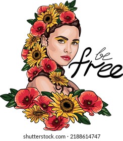 Ukrainian girl with floral wreath flat vector illustration. Freedom, democracy symbol and calligraphic lettering. Be free slogan. Patriotic drawing. T shirt, sticker, sublimation print