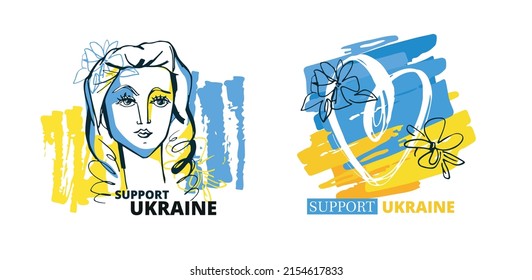 Ukrainian girl and heart. Support Ukraine label. Blue yellow ukrainian flag background.