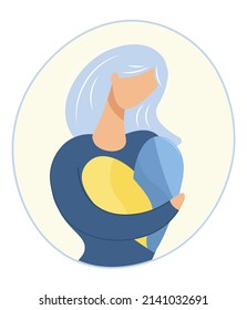 Ukrainian girl with the heart of Ukraine in her hands. Sad grieving woman Concept of grief, pain, loss, for banner design, landing page. Flat isolated vector design. Icon with a light background.