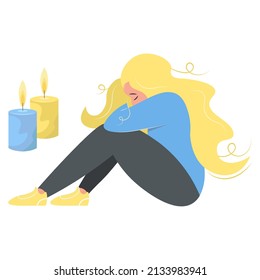 Ukrainian girl mourns. Cartoon sad woman sitting hugging her knees and memory candles. Loss, grief, pain, death concept for banner or landing page design. Flat isolated vector design. Stop the war.