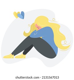 Ukrainian girl mourns. Flat vector illustration. Cartoon sad woman, sitting, hugging her knees. Loss, grief, pain, death concept for banner or landing page design. The terrible consequences of the war