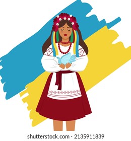 Ukrainian girl in national clothes on the background of the Ukrainian flag holds a dove. Vector illustration.