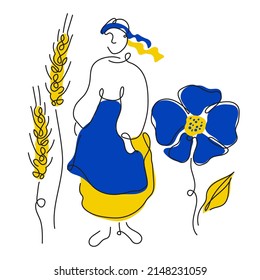 Ukrainian girl patriot character Ukraine and wheat, cornflowe in nationality flag color. The vector illustration global politics, NO WAR, aggression problem picture in continuous line art style