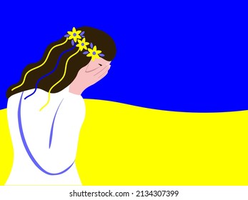 A Ukrainian girl in profile covered her face with her hands, crying against the background of a blue-yellow flag. The concept of aggression, compensation, war. Vector graphics.