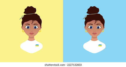 Ukrainian girl with ribbons in her hair, stand with Ukraine. Afro girl with dark skin hair in a bun. In the colors of the Ukrainian flag.